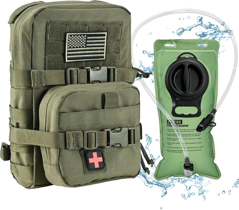 tactifans Tactical Mini Molle Hydration Pack,Molle Hydration Carrier with IFAK Pouch&US Flag&Med Patch,Hydropack for 2L Water Bladder - Image 1